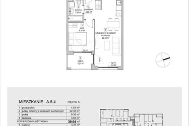 Rzut - Mieszkanie na sprzedaż 2 pokoje o powierzchni 39,64 m² - numer A.5.4 w ATAL Symbioza IA