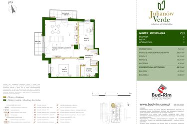 Rzut - Mieszkanie na sprzedaż 3 pokoje o powierzchni 66,13 m² - numer 12 w Julianów Verde