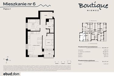 Rzut - Mieszkanie na sprzedaż 3 pokoje o powierzchni 53,55 m² - numer 6 w Boutique NIEMCZ