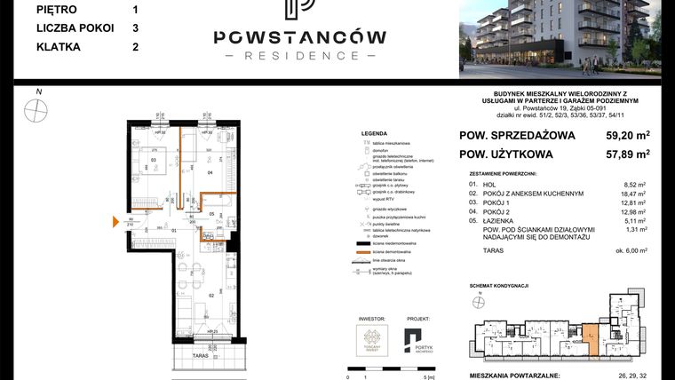Rzut - Mieszkanie na sprzedaż 3 pokoje o powierzchni 59,2 m² - numer 23 w Powstańców Residence