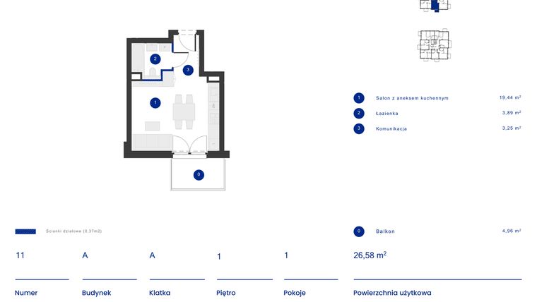 Rzut - Mieszkanie na sprzedaż 1 pokój o powierzchni 26,58 m² - numer A.11 w Osiedle Inverso