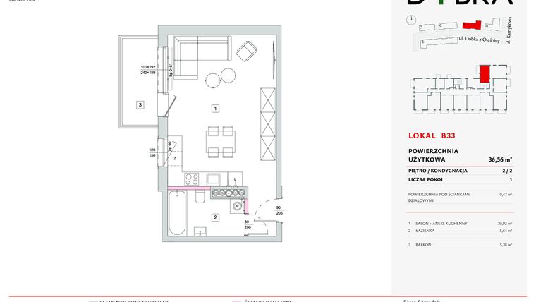 Rzut - Mieszkanie na sprzedaż 1 pokój o powierzchni 36,56 m² - numer B33 w Dobka