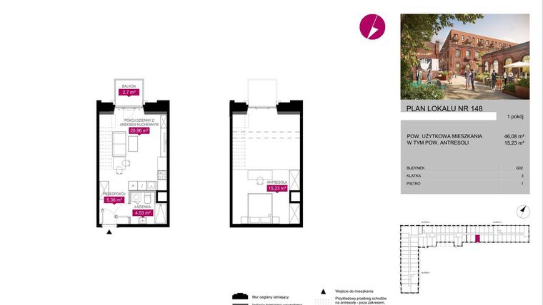 Rzut - Mieszkanie na sprzedaż 1 pokój o powierzchni 46,08 m² - numer G2.148 w Fuzja Lofty