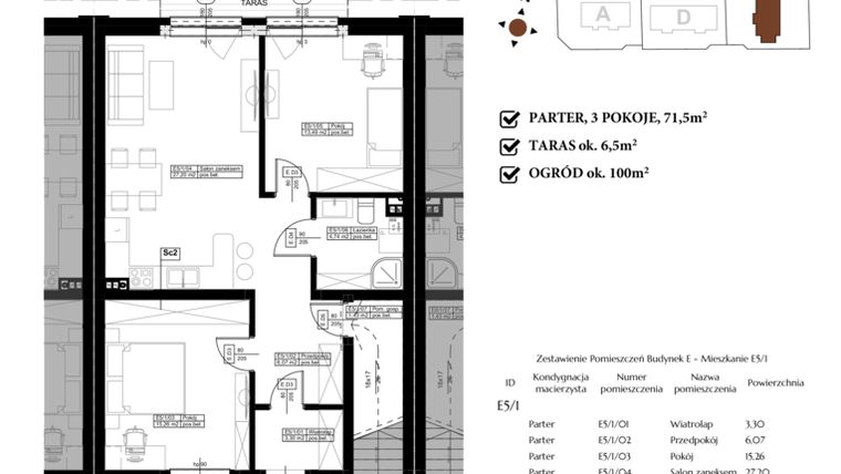 Rzut - Mieszkanie na sprzedaż 3 pokoje o powierzchni 71,49 m² - numer E.9 w Osiedle Kasztanowe