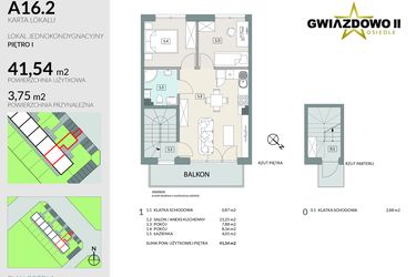 Rzut - Mieszkanie na sprzedaż 3 pokoje o powierzchni 45,29 m² - numer A16.2 w Gwiazdowo II