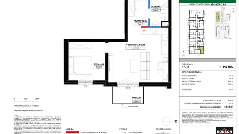 Rzut - Mieszkanie na sprzedaż 2 pokoje o powierzchni 42,56 m² - numer 4A_11 w Nowa Północ etap 2