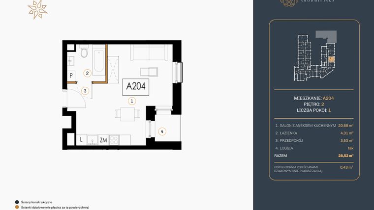 Rzut - Mieszkanie na sprzedaż 1 pokój o powierzchni 28,52 m² - numer A.204 w Rezydencja Śródmiejska