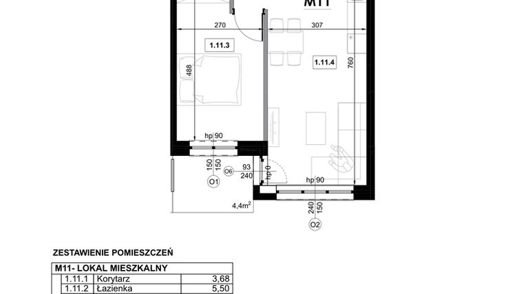 Rzut - Mieszkanie na sprzedaż 2 pokoje o powierzchni 42,99 m² - numer M11 w Miejska Premium II