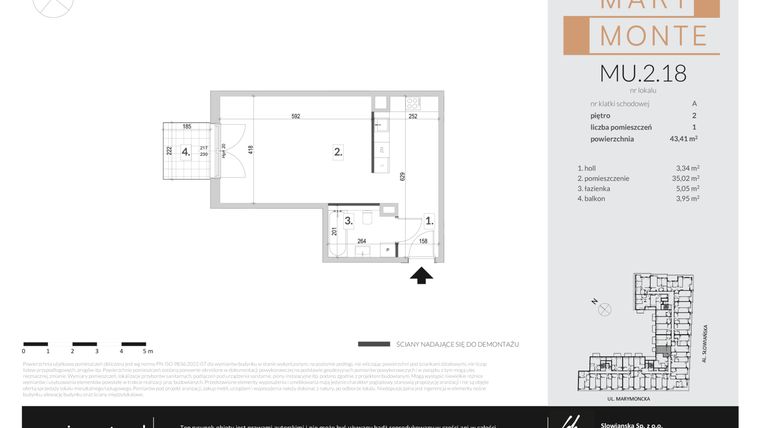 Rzut - Mieszkanie na sprzedaż 1 pokój o powierzchni 43,41 m² - numer MU.2.18 w Marimonte - apartamenty inwestycyjne