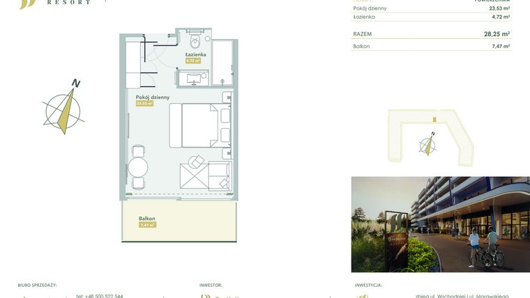 Rzut - Mieszkanie na sprzedaż 1 pokój o powierzchni 28,25 m² - numer H.1.19 w Harmony Resort