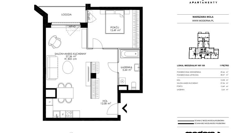 Rzut - Mieszkanie na sprzedaż 2 pokoje o powierzchni 58,57 m² - numer 109 w Chronos