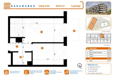 Rzut - Mieszkanie na sprzedaż 2 pokoje o powierzchni 45,15 m² - numer B1/2/04 w Zakamarki