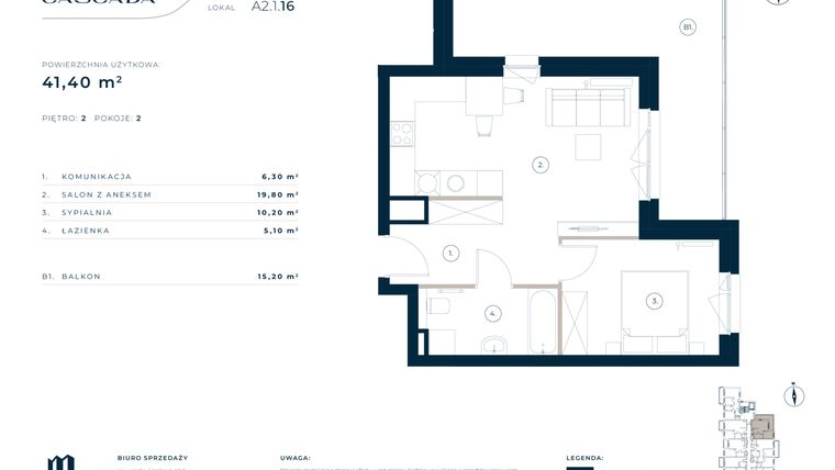 Rzut - Mieszkanie na sprzedaż 2 pokoje o powierzchni 41,4 m² - numer A2.1.16 w Cascada