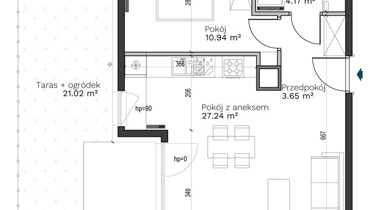 Rzut - Mieszkanie na sprzedaż 2 pokoje o powierzchni 46 m² - numer B-1 w Destino