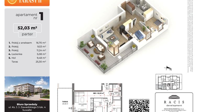 Rzut - Mieszkanie na sprzedaż 3 pokoje o powierzchni 52,03 m² - numer 1 w Słoneczne Tarasy II etap 2