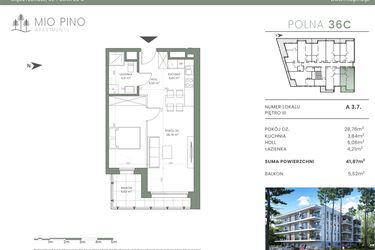 Rzut - Mieszkanie na sprzedaż 2 pokoje o powierzchni 41,87 m² - numer 3.7 w Mio Pino