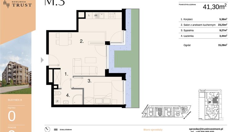 Rzut - Mieszkanie na sprzedaż 2 pokoje o powierzchni 41,3 m² - numer B - M.3 w Dzielnica Trust