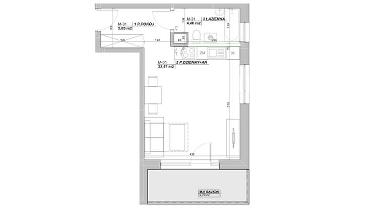 Rzut - Mieszkanie na sprzedaż 1 pokój o powierzchni 32,86 m² - numer A.31 w Laurowy Zakątek