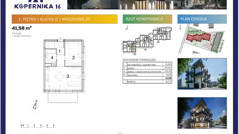 Rzut - Mieszkanie na sprzedaż 2 pokoje o powierzchni 41,58 m² - numer D02 w Kopernika Szesnaście