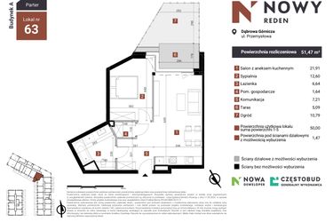 Rzut - Mieszkanie na sprzedaż 2 pokoje o powierzchni 51,47 m² - numer A63 w Nowy Reden