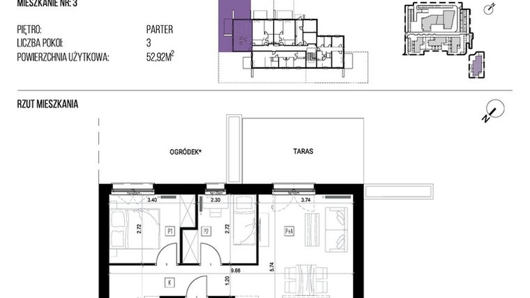 Rzut - Mieszkanie na sprzedaż 3 pokoje o powierzchni 52,92 m² - numer 22D/03 w NATURAMA II