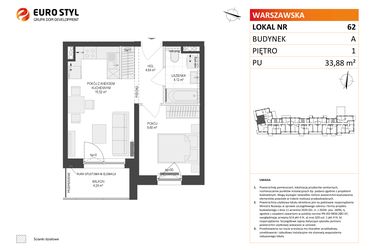 Rzut - Mieszkanie na sprzedaż 2 pokoje o powierzchni 33,88 m² - numer A62 w Osiedle Warszawska etap IV
