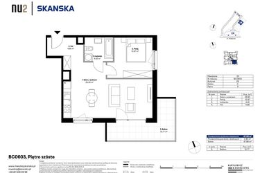 Rzut - Mieszkanie na sprzedaż 2 pokoje o powierzchni 47,05 m² - numer BC0603 w NU2 Warszawa Wola