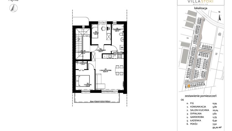 Rzut - Mieszkanie na sprzedaż 3 pokoje o powierzchni 51,21 m² - numer O6 w Villa Stoki (mieszkania)