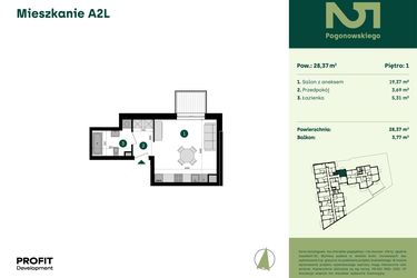 Rzut - Mieszkanie na sprzedaż 1 pokój o powierzchni 28,37 m² - numer POGO2/A/2L w Pogonowskiego 52