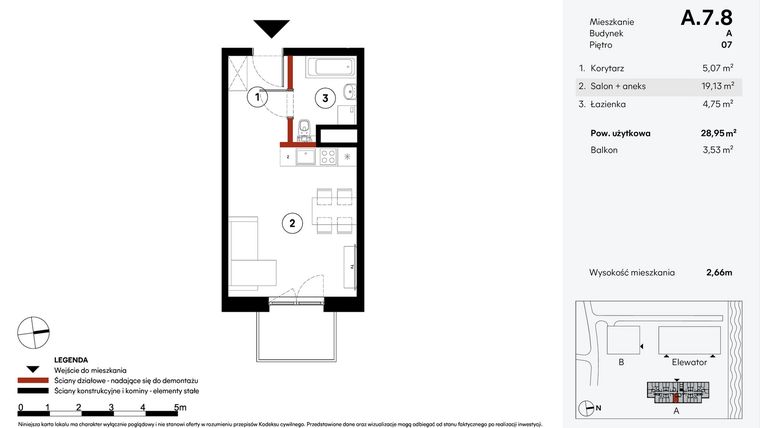 Rzut - Mieszkanie na sprzedaż 1 pokój o powierzchni 28,95 m² - numer A.7.8 w Elewator - Mieszkania i Lofty