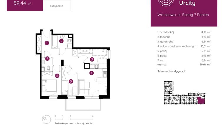 Rzut - Mieszkanie na sprzedaż 3 pokoje o powierzchni 59,44 m² - numer 2.A.1.02 w Murapol Urcity
