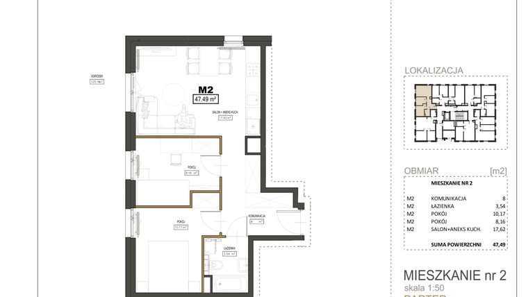 Rzut - Mieszkanie na sprzedaż 3 pokoje o powierzchni 47,49 m² - numer 2 w Apartamenty Piltza