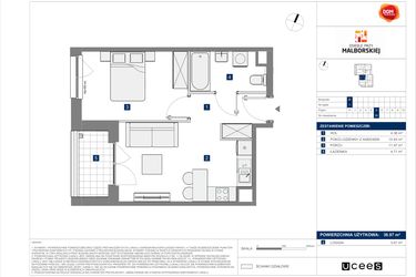 Rzut - Mieszkanie na sprzedaż 2 pokoje o powierzchni 36,97 m² - numer B.36 w Osiedle przy Malborskiej II