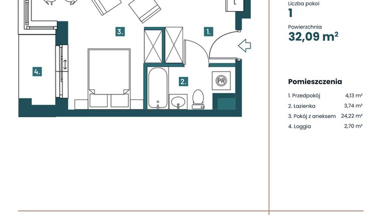 Rzut - Mieszkanie na sprzedaż 1 pokój o powierzchni 31,76 m² - numer M404 w Sea Breeze