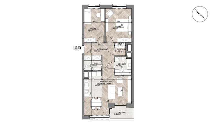 Rzut - Mieszkanie na sprzedaż 3 pokoje o powierzchni 72,91 m² - numer 8 w Apartamenty Czysta