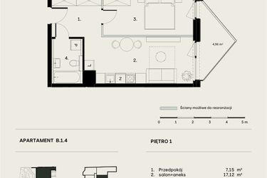 Rzut - Mieszkanie na sprzedaż 2 pokoje o powierzchni 42,29 m² - numer B/1/4 w Ogrodowa 12