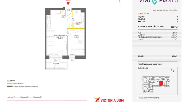 Rzut - Mieszkanie na sprzedaż 2 pokoje o powierzchni 36,23 m² - numer A.94 w Viva Piast 5