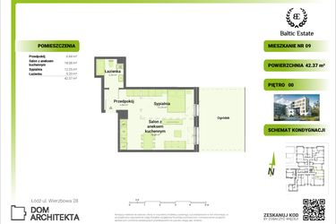 Rzut - Mieszkanie na sprzedaż 2 pokoje o powierzchni 42,37 m² - numer 00.M.09 w Dom Architekta