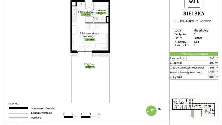 Rzut - Mieszkanie na sprzedaż 1 pokój o powierzchni 30,52 m² - numer B.1.3 w JA_SIELSKA V