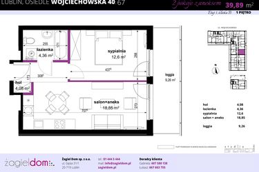 Rzut - Mieszkanie na sprzedaż 2 pokoje o powierzchni 39,89 m² - numer 67 w Wojciechowska Square