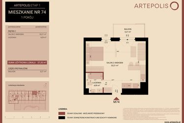 Rzut - Mieszkanie na sprzedaż 1 pokój o powierzchni 37,3 m² - numer 01.MB74 w Artepolis