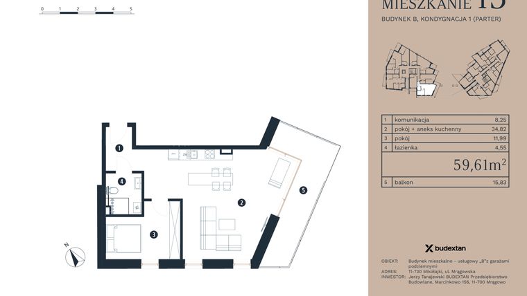Rzut - Mieszkanie na sprzedaż 2 pokoje o powierzchni 59,61 m² - numer M13 w Pratum Apartamenty Etap I