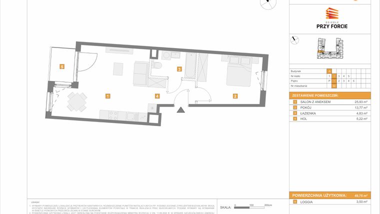 Rzut - Mieszkanie na sprzedaż 2 pokoje o powierzchni 49,74 m² - numer 32 w Osiedle Przy Forcie
