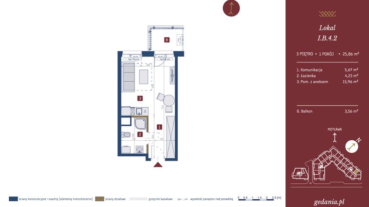 Rzut - Mieszkanie na sprzedaż 1 pokój o powierzchni 25,86 m² - numer I.B.4.2 w GEDANIA Riverside Living - apartamenty inwestycyjne