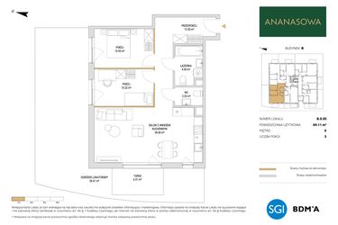 Rzut - Mieszkanie na sprzedaż 3 pokoje o powierzchni 69,11 m² - numer B.0.05 w Ananasowa