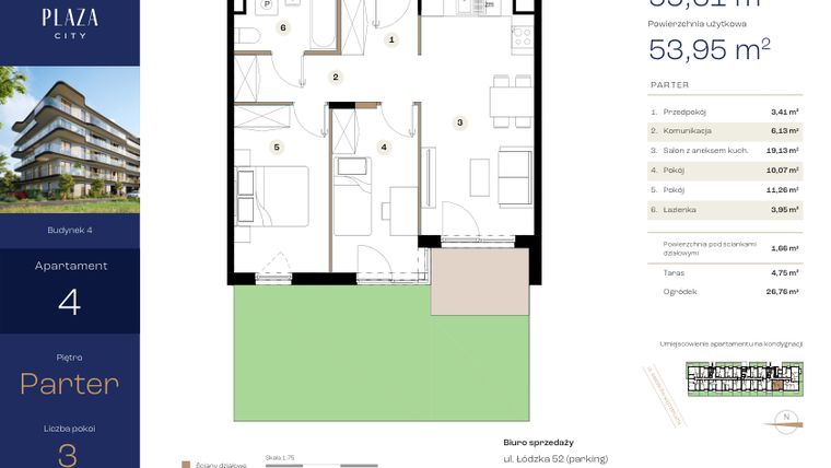 Rzut - Mieszkanie na sprzedaż 3 pokoje o powierzchni 55,61 m² - numer B4M4 w Plaza City