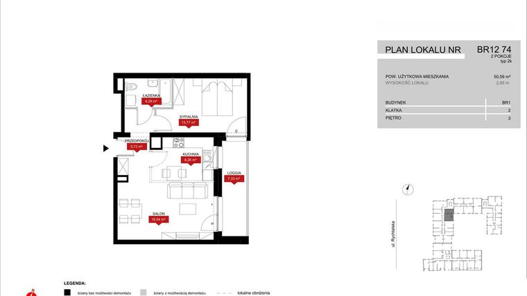 Rzut - Mieszkanie na sprzedaż 2 pokoje o powierzchni 50,59 m² - numer BR12/74 w Browary Wrocławskie 2