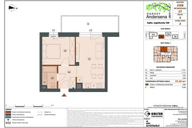 Rzut - Mieszkanie na sprzedaż 2 pokoje o powierzchni 37,45 m² - numer 27B w Ogrody Andersena