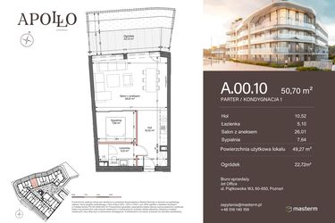 Rzut - Mieszkanie na sprzedaż 2 pokoje o powierzchni 49,27 m² - numer A.0.10 w Apollo Residence
