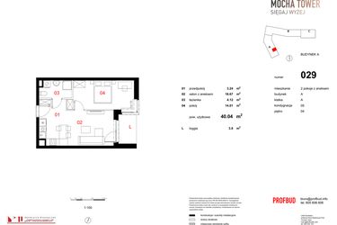 Rzut - Mieszkanie na sprzedaż 2 pokoje o powierzchni 40,04 m² - numer 029 w Osiedle Mocha Tower